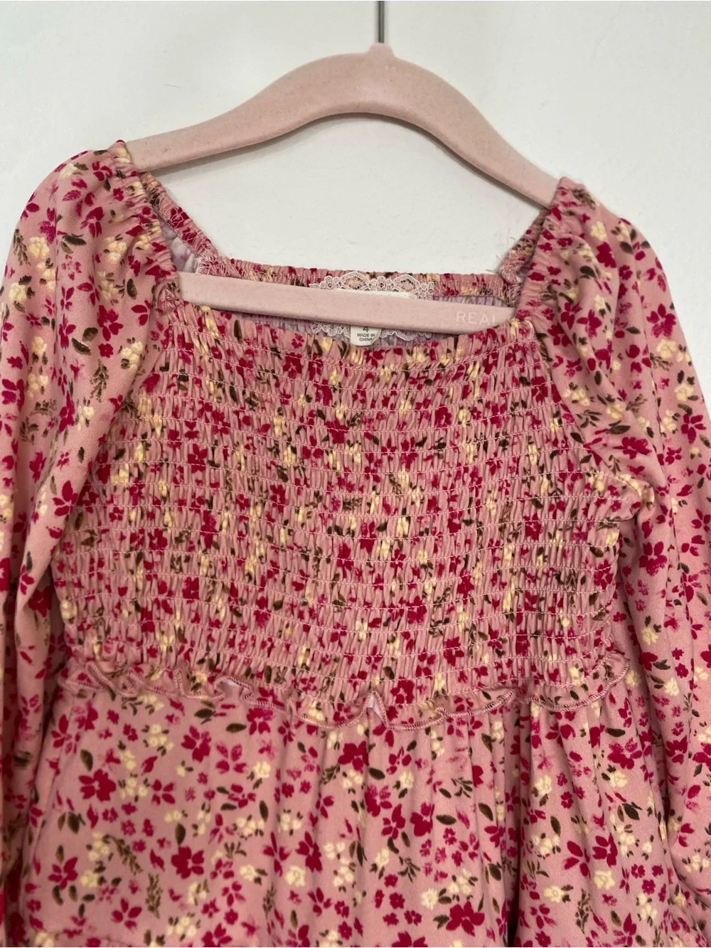 Btween Girls Pink Smock Floral Tiered Long Sleeve Mini Dress Size 4 Cottagecore